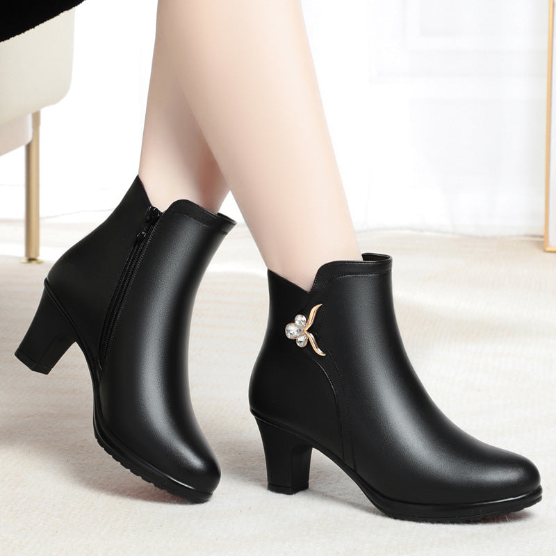 Business short boots, women's boots, mid heel, round toe, anti slip, women's thick heel with plush cotton shoes, single boots with plush boots