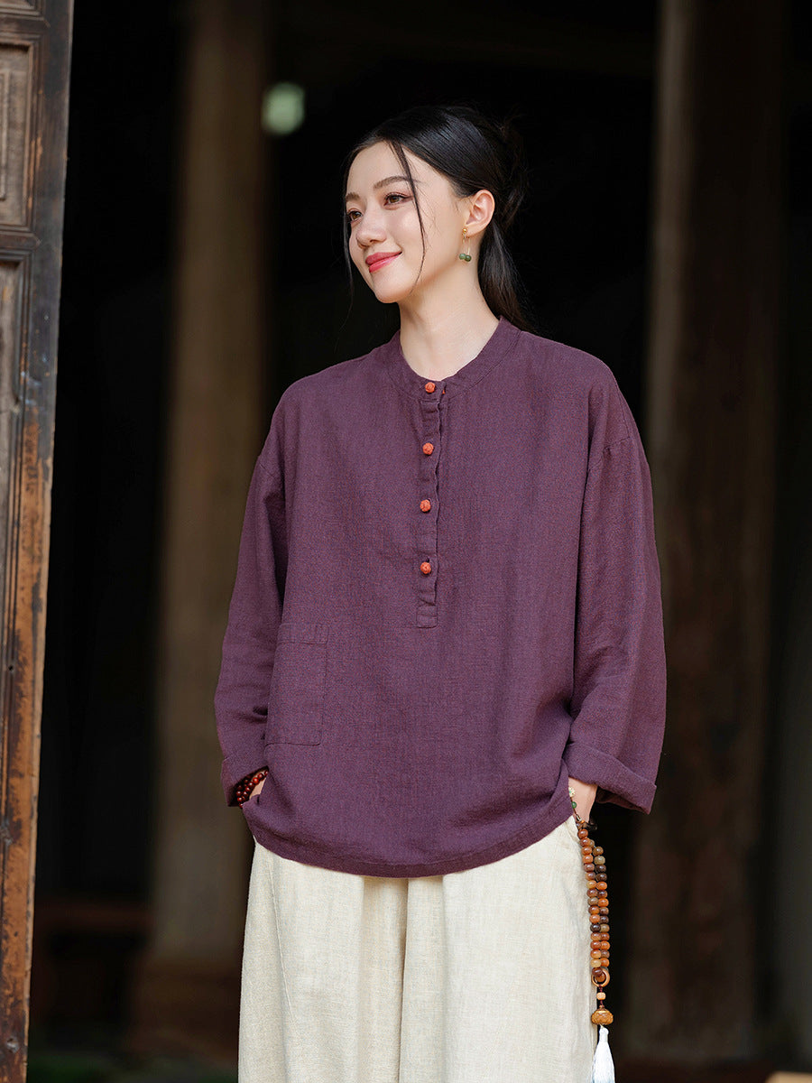 Cotton and linen women's stand up collar color blocked pan button pullover plus size top women's cotton and linen shirt