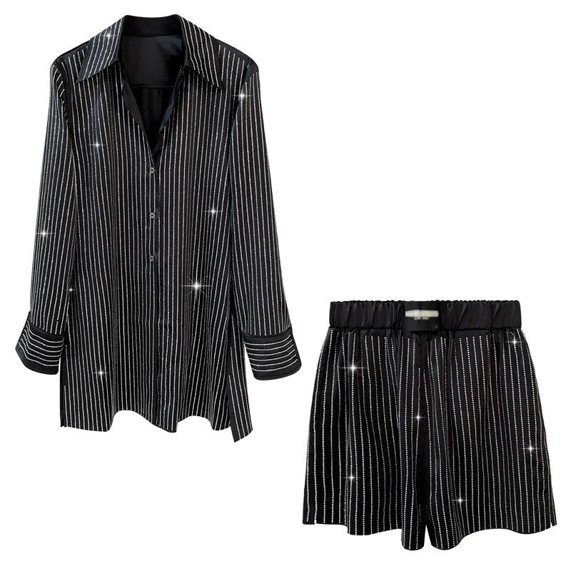 Fashion Women's 2 Pcs Set Hot Drill Hem Slit Long Sleeve Shirt Wide Leg Striped Shorts Suit Autumn