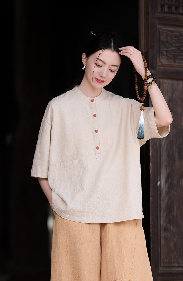 Cotton and linen women's stand up collar color blocked pan button pullover plus size top women's cotton and linen shirt