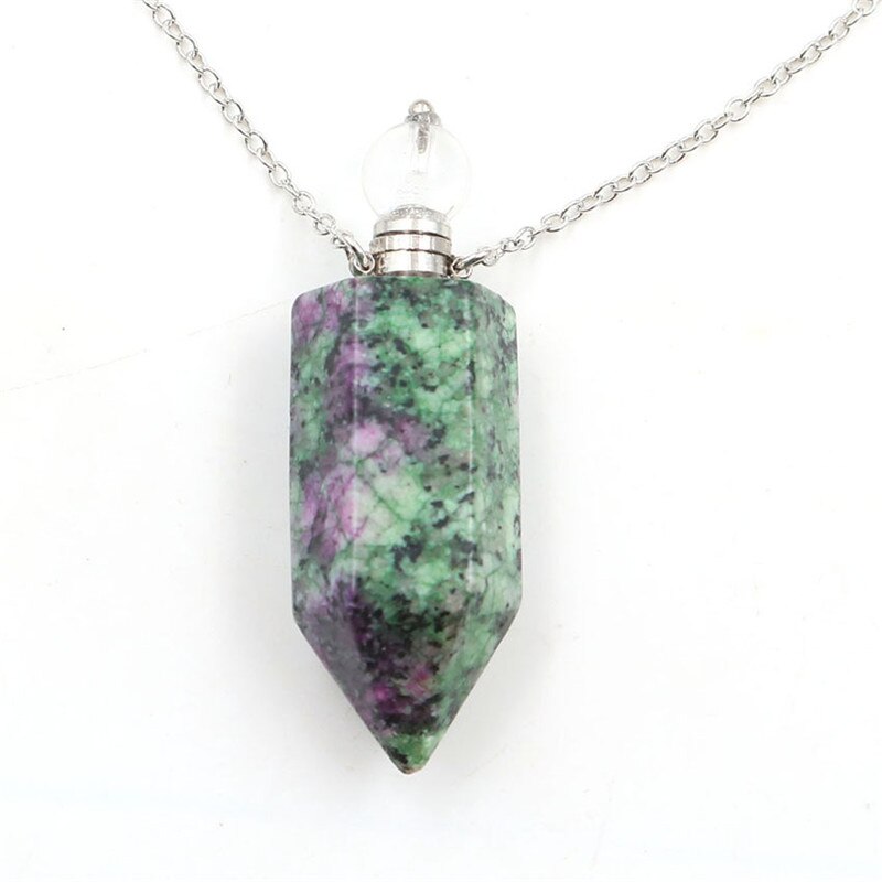 Natural Crystal Hexagonal Perfume Bottle Pendant Necklace  Fluorite Pendant Essential Oil Jar Chain Necklace