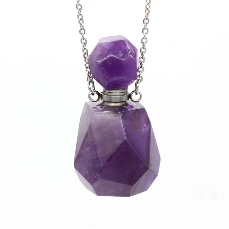 Natural Crystal Hexagonal Perfume Bottle Pendant Necklace  Fluorite Pendant Essential Oil Jar Chain Necklace