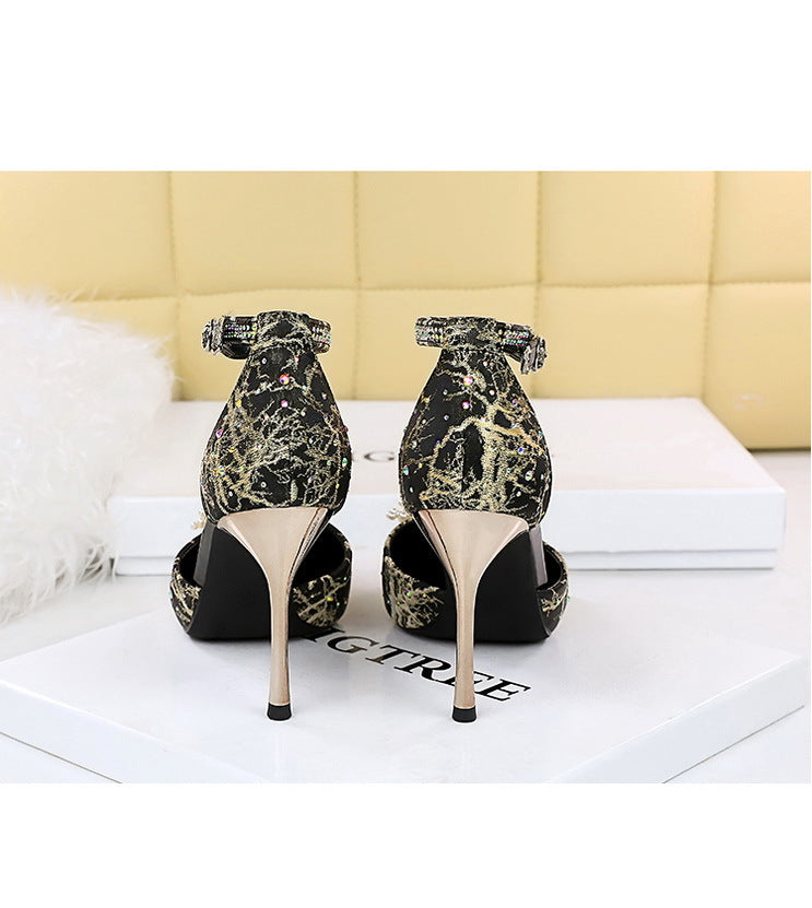 Wind Banquet High Heels Shallow Mouth Hollow Slotted Pointed Rhinestone Pearl Flower Sandals High Heels