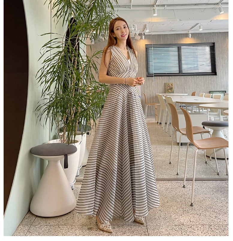 Striped High Waist Party Evening Dress Long A Line V Neck Sleeveless Outfits Goblincore Robes Elbise