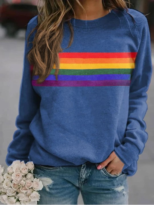 Colorful striped printed round neck pullover long sleeved sweatshirt