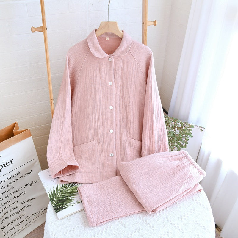 Women's sleepwear made of pure cotton with four layers of gauze, suitable for couples in spring, autumn, and winter. Men's casual plus size set