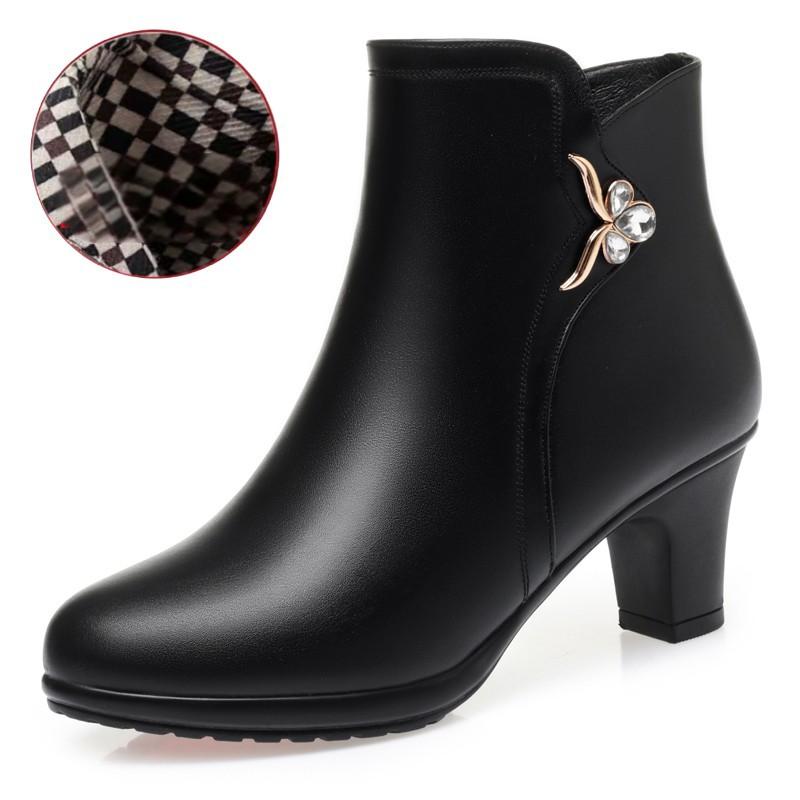 Business short boots, women's boots, mid heel, round toe, anti slip, women's thick heel with plush cotton shoes, single boots with plush boots