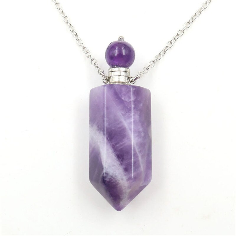 Natural Crystal Hexagonal Perfume Bottle Pendant Necklace  Fluorite Pendant Essential Oil Jar Chain Necklace