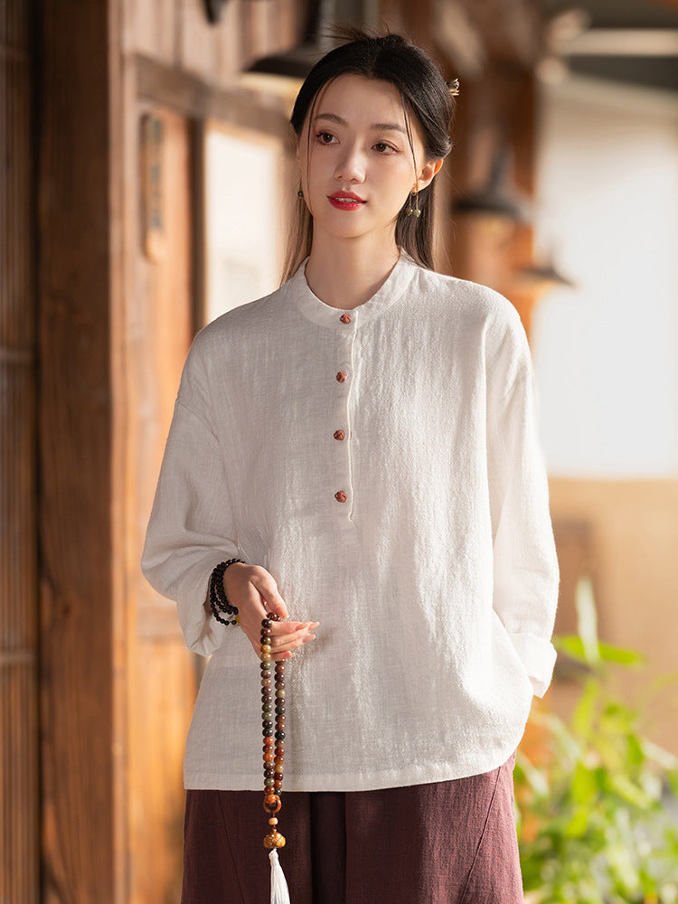 Cotton and linen women's stand up collar color blocked pan button pullover plus size top women's cotton and linen shirt