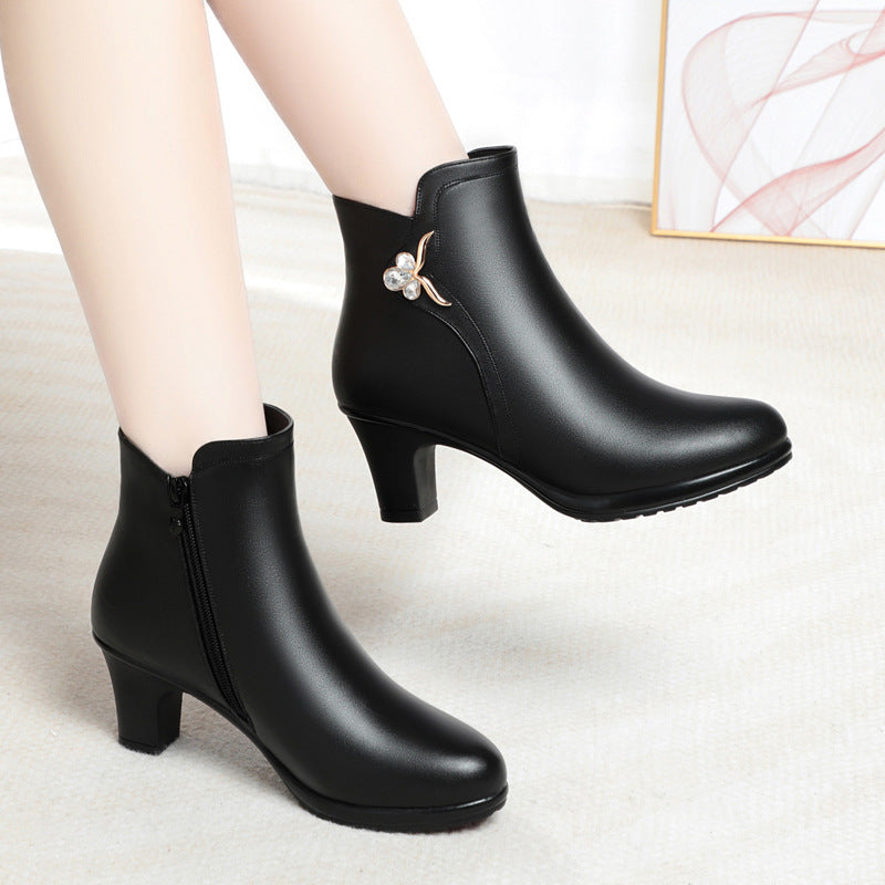 Business short boots, women's boots, mid heel, round toe, anti slip, women's thick heel with plush cotton shoes, single boots with plush boots