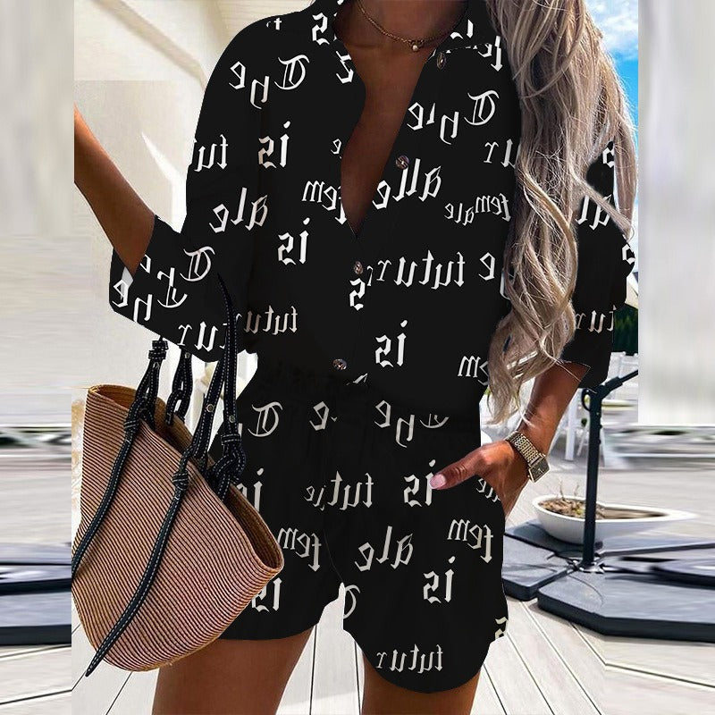 New Fashion Digital Printing Button Design Shirt Shorts Set for Women