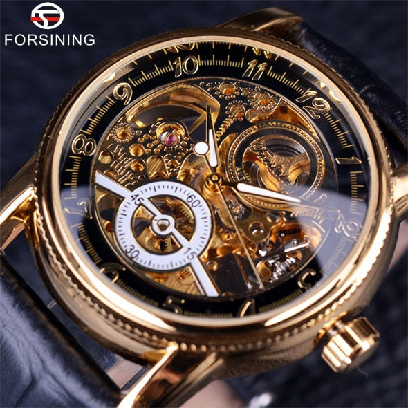 Forsining Hollow Engraving Skeleton Casual Designer Black Golden Case Gear Bezel Watches Men Luxury Brand Automatic Watches