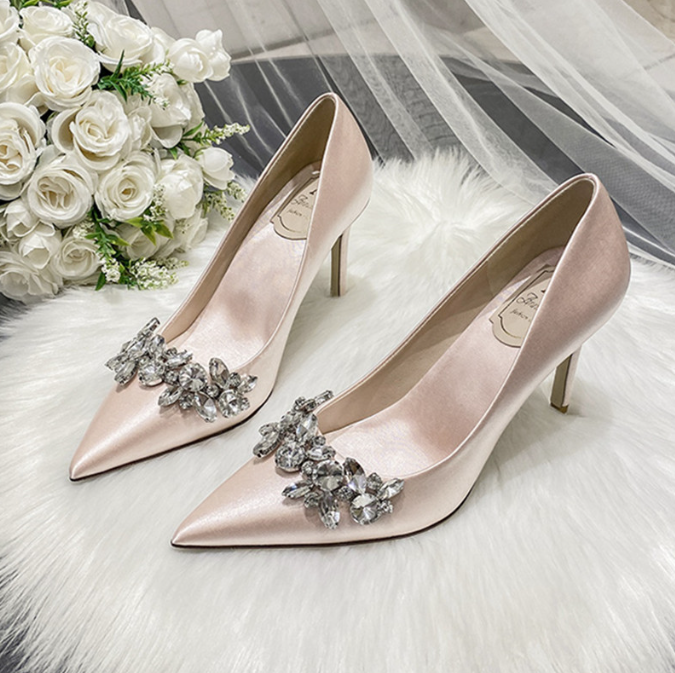 Wedding dress crystal bridal shoes champagne satin dress bridesmaid shoes white high heels stiletto