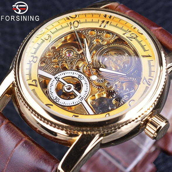 Forsining Hollow Engraving Skeleton Casual Designer Black Golden Case Gear Bezel Watches Men Luxury Brand Automatic Watches