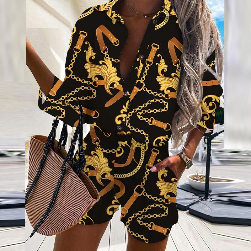 New Fashion Digital Printing Button Design Shirt Shorts Set for Women