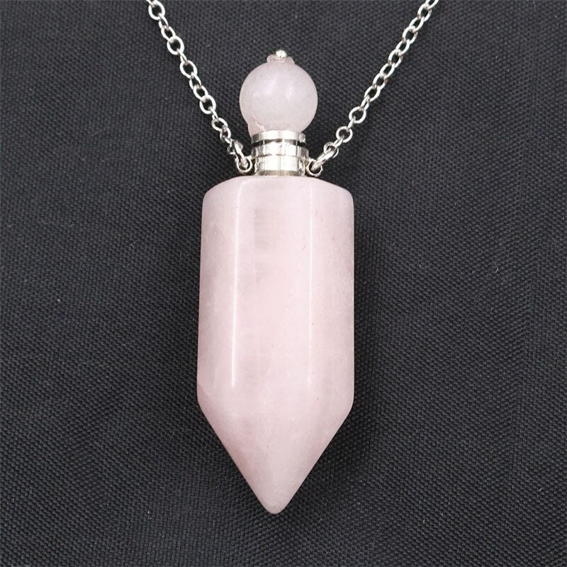 Natural Crystal Hexagonal Perfume Bottle Pendant Necklace  Fluorite Pendant Essential Oil Jar Chain Necklace