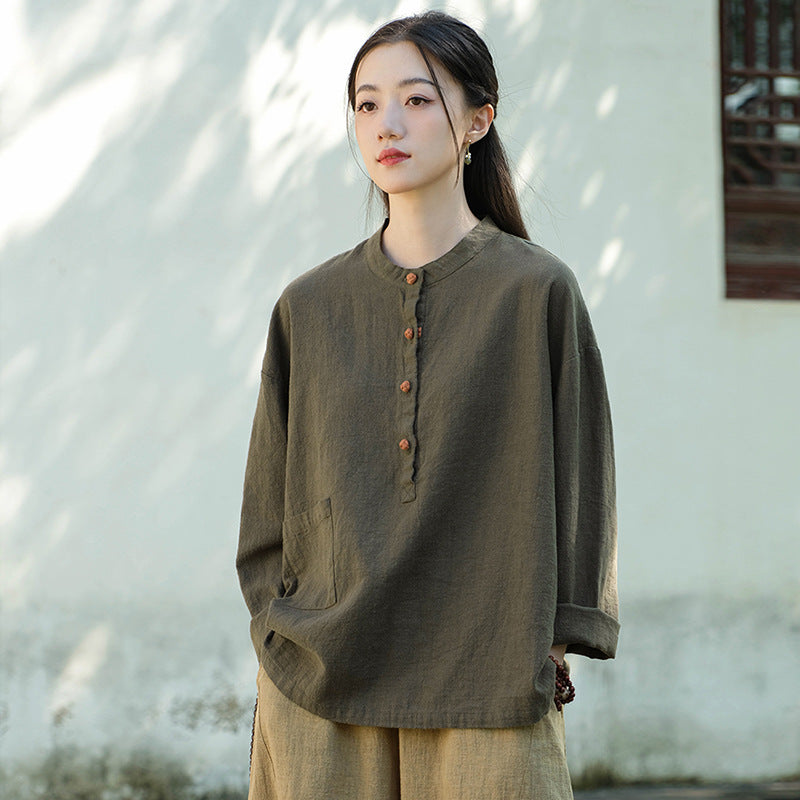 Cotton and linen women's stand up collar color blocked pan button pullover plus size top women's cotton and linen shirt