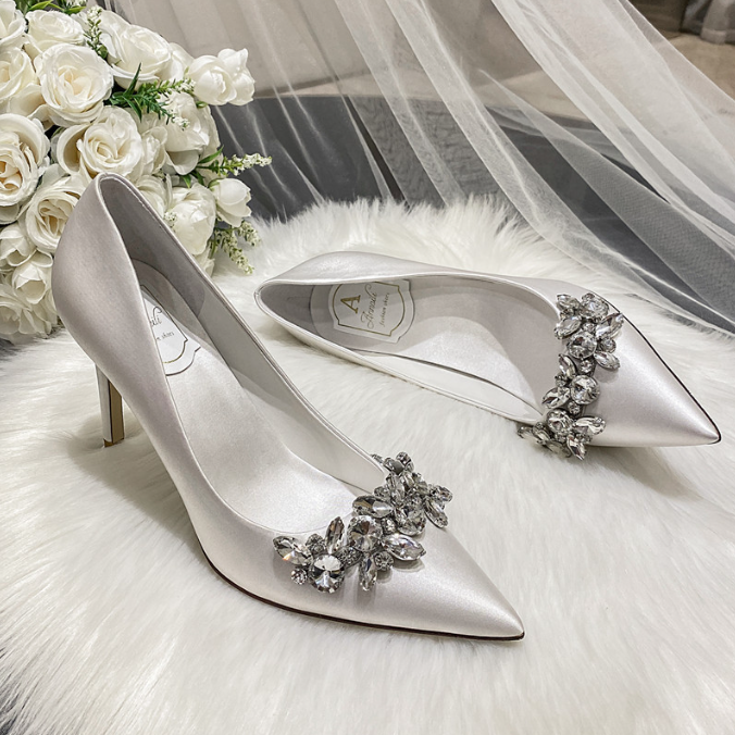 Wedding dress crystal bridal shoes champagne satin dress bridesmaid shoes white high heels stiletto