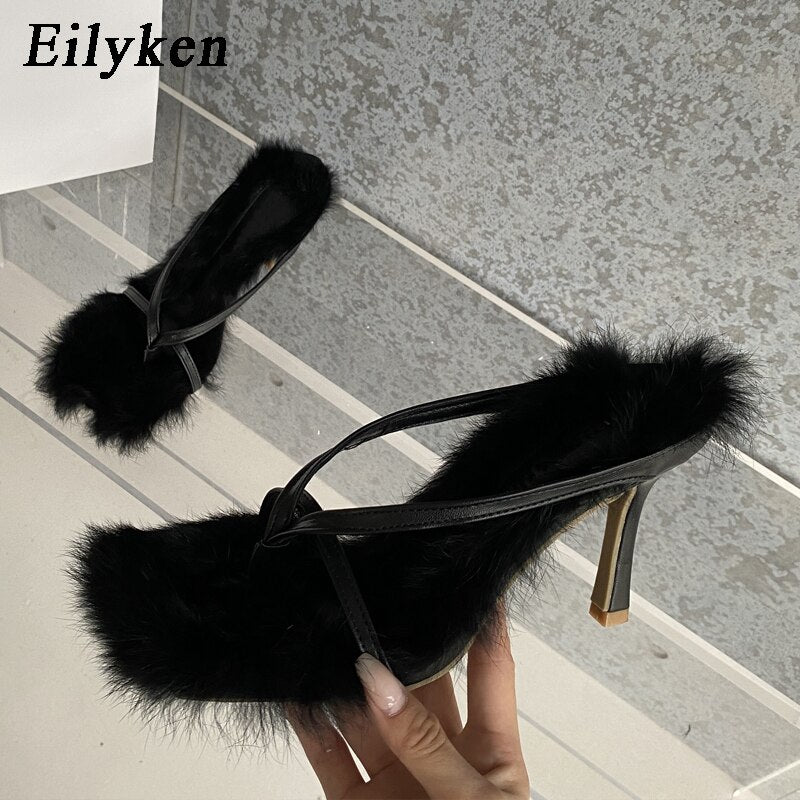 New Design Faux Fur Slipper High Heels Shoes Fall Best Street Females Square Head Toe Clip-On Sandals Women