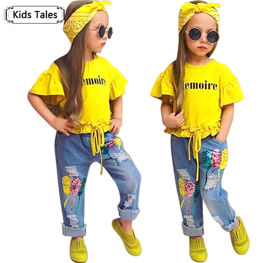 Children Sets for Girls Girls Suits for Children Girls T-shirt + Pants + Headband 3pcs. Suit