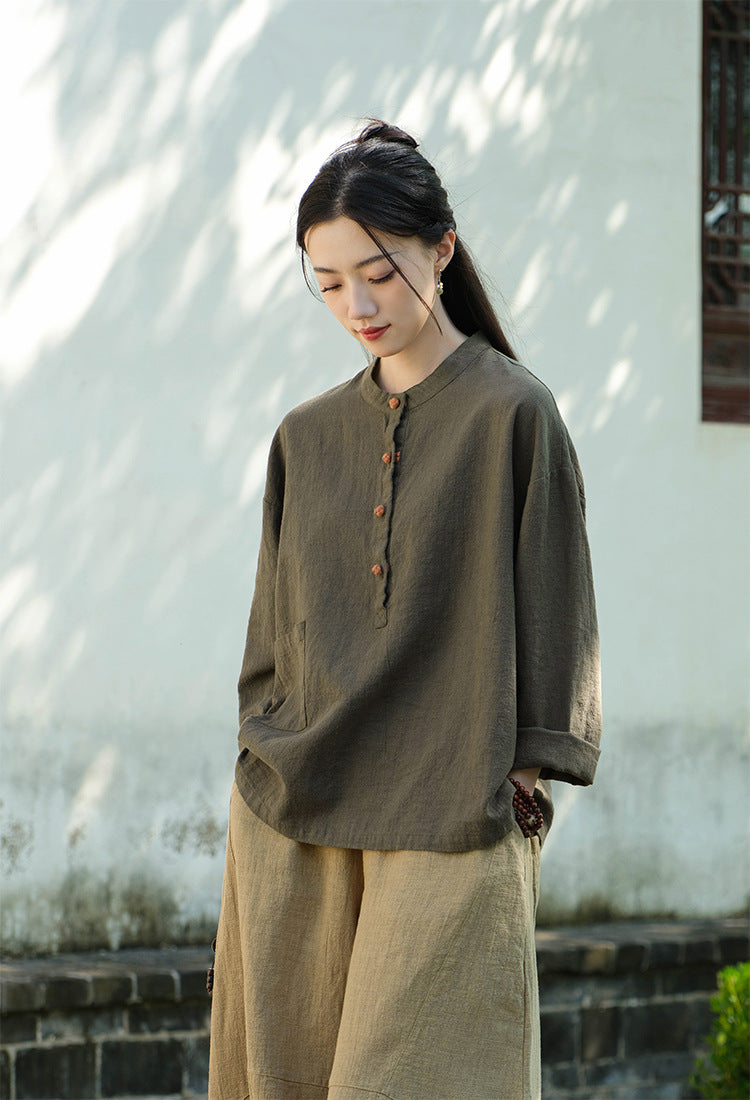 Cotton and linen women's stand up collar color blocked pan button pullover plus size top women's cotton and linen shirt