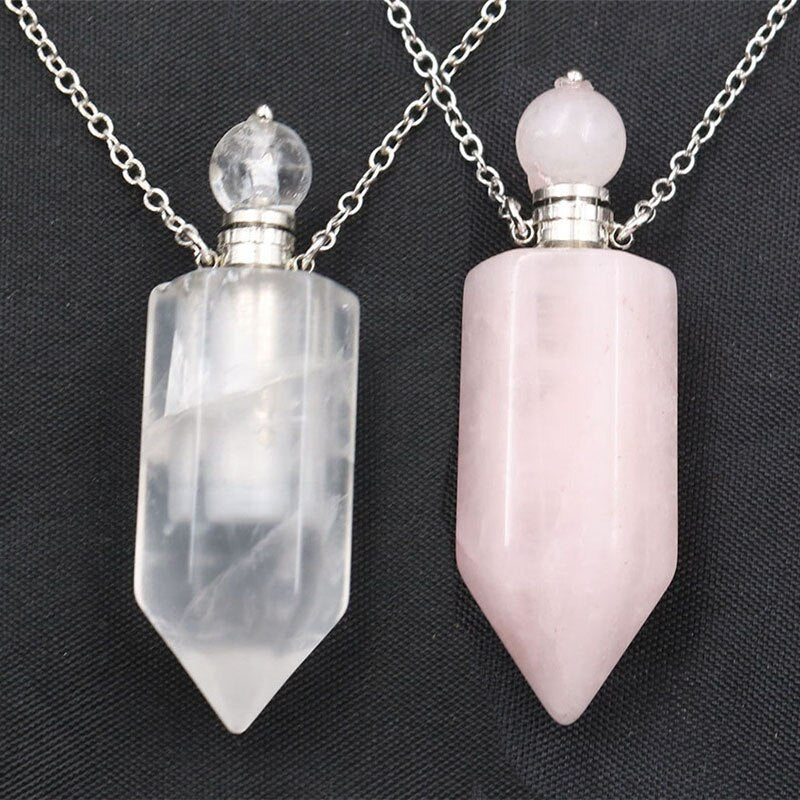 Natural Crystal Hexagonal Perfume Bottle Pendant Necklace  Fluorite Pendant Essential Oil Jar Chain Necklace