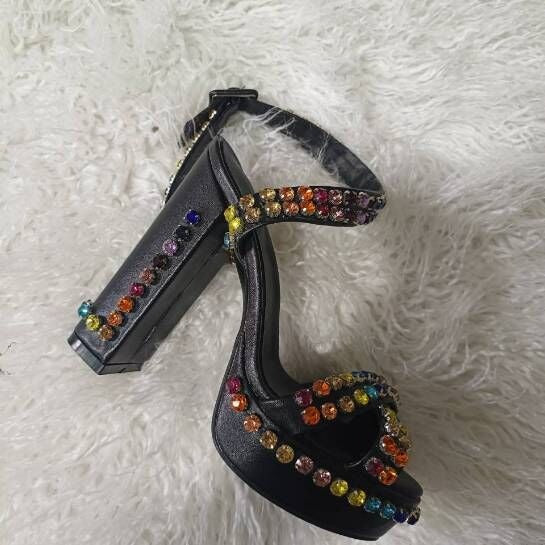 Women Crystal-embellished Platform Sandals Sexy Peep Toe Chunky Heels