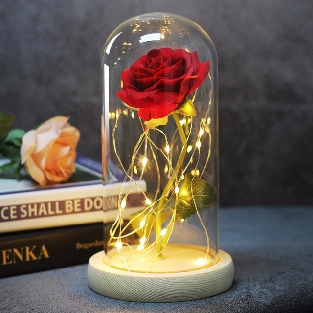 Beauty And Beast Rose In Flask Led Rose Flower Light Black Base Glass Dome Best For Mother's Day Valentines Day Gift