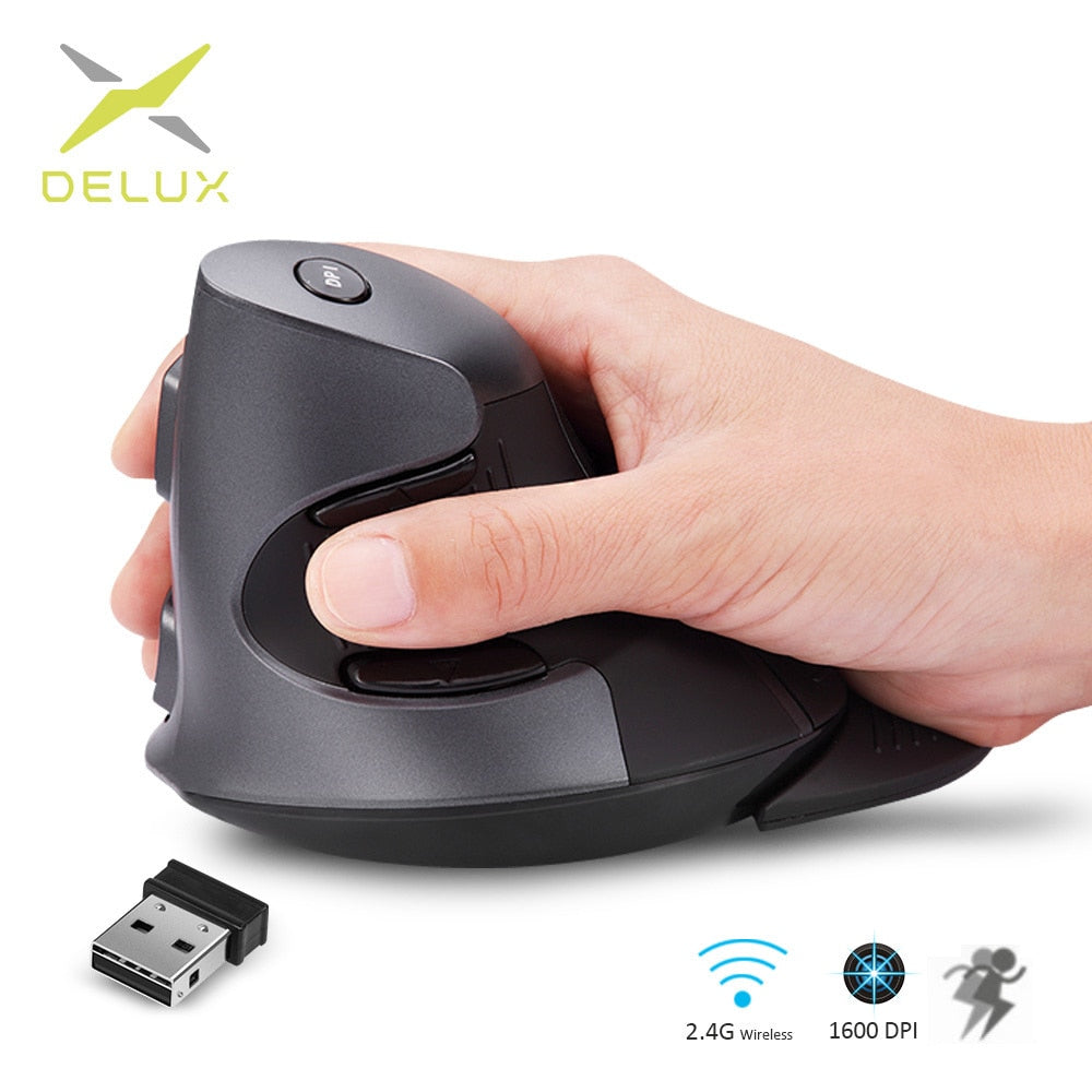 Delux M618GX Ergonomic Vertical Wireless Mouse 6 Buttons 1600DPI Optical Mouse With 3 Colors Silicon Rubber Case For PC Laptop