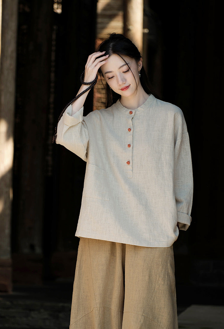 Cotton and linen women's stand up collar color blocked pan button pullover plus size top women's cotton and linen shirt