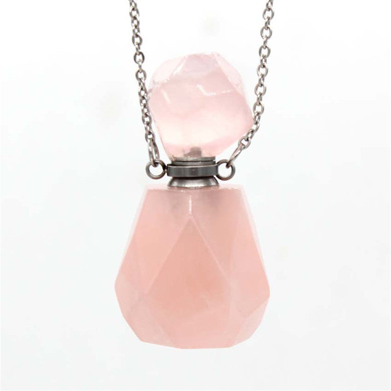 Natural Crystal Hexagonal Perfume Bottle Pendant Necklace  Fluorite Pendant Essential Oil Jar Chain Necklace