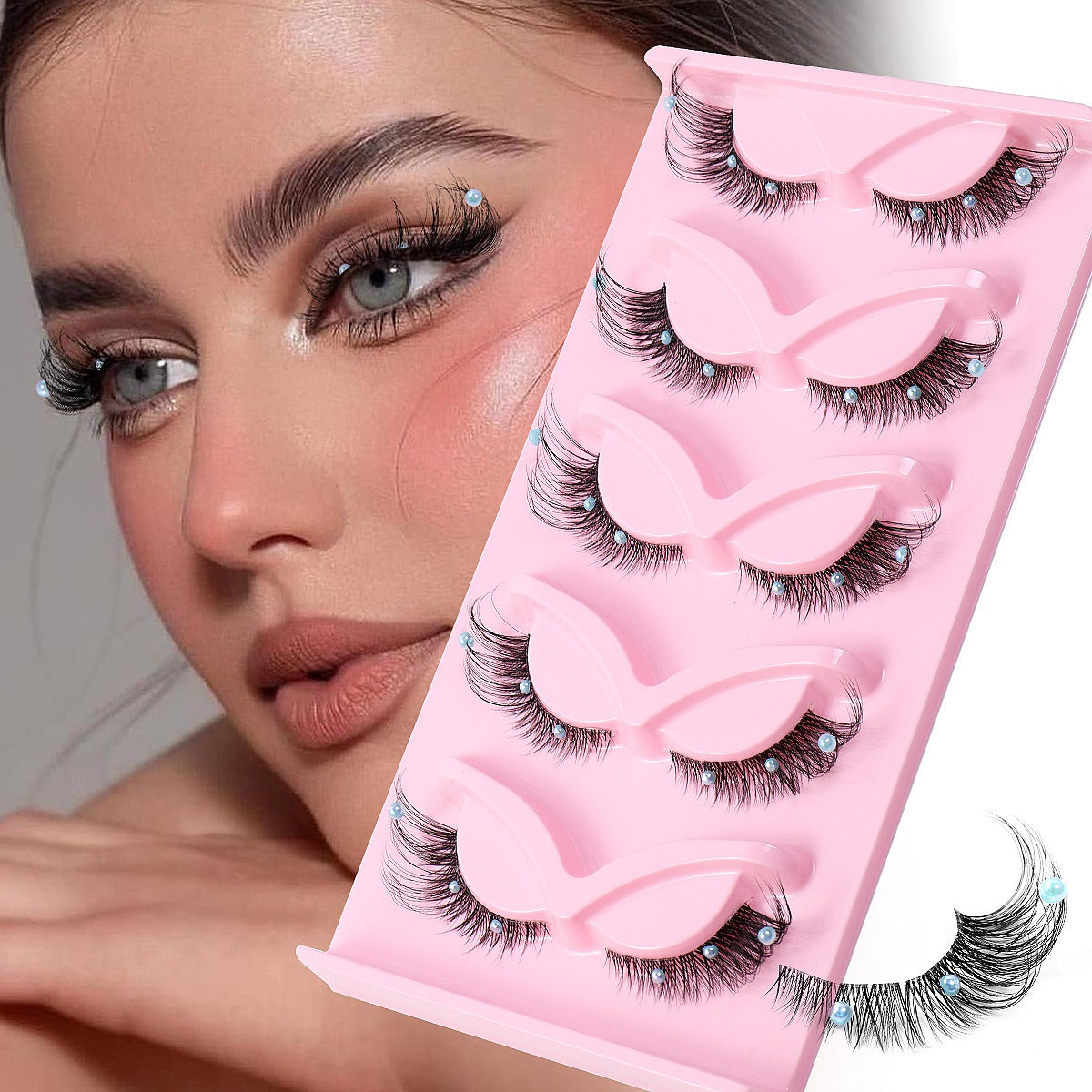 Clear Band Corner Foxy Winged Cat Eye 3D Strip Lashes Silk Party Full False Eyelash Vegan Faux Mink Eyelash With Diamond Pearl