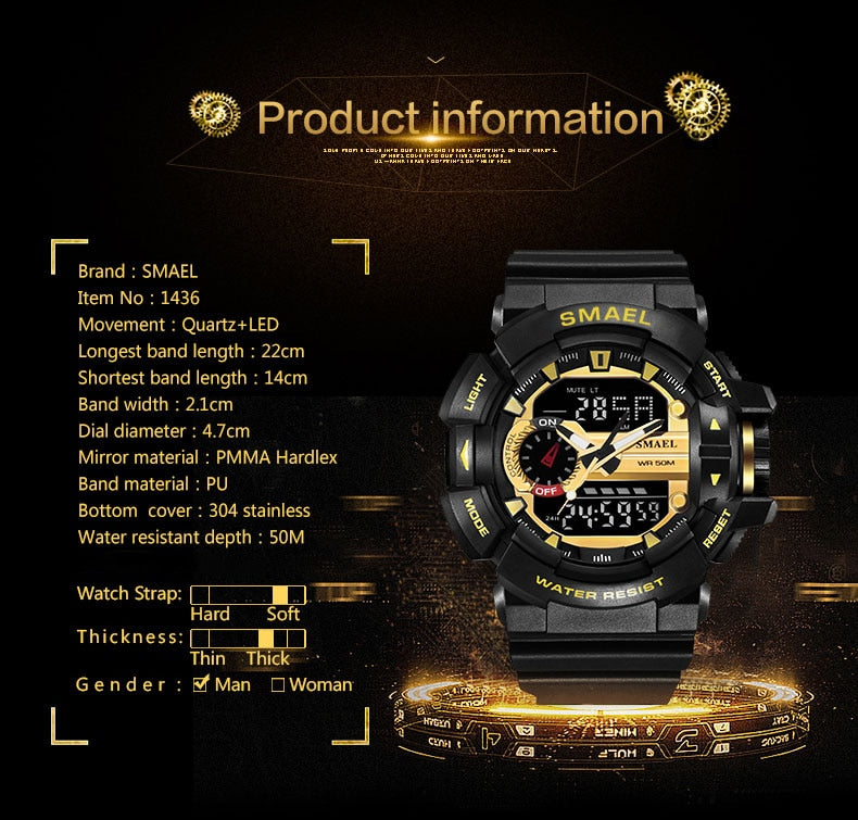 SMAEL 1436 Men Sports Watch Military Watches LED Quartz Dual Display Waterproof Outdoor Sport Men's Wristwatches Relogio Masculino