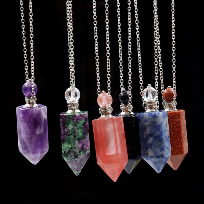 Natural Crystal Hexagonal Perfume Bottle Pendant Necklace  Fluorite Pendant Essential Oil Jar Chain Necklace