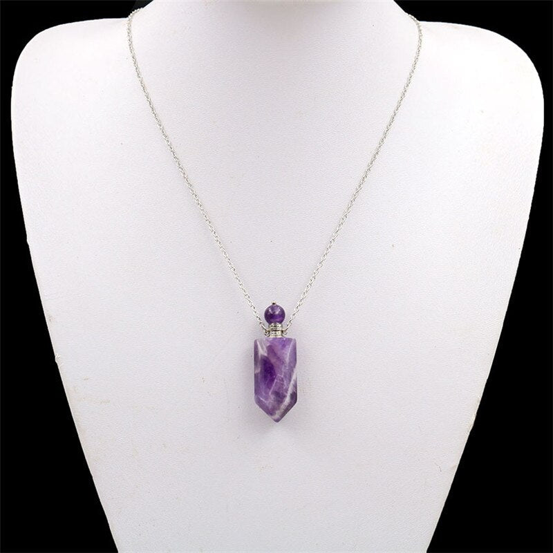 Natural Crystal Hexagonal Perfume Bottle Pendant Necklace  Fluorite Pendant Essential Oil Jar Chain Necklace