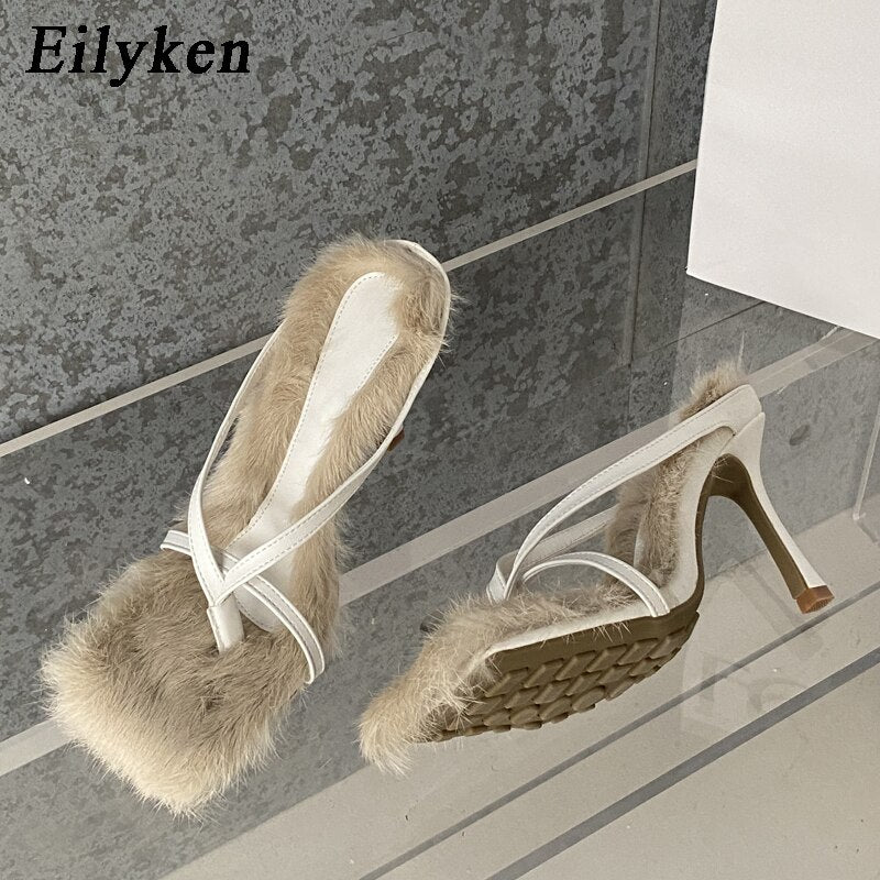 New Design Faux Fur Slipper High Heels Shoes Fall Best Street Females Square Head Toe Clip-On Sandals Women