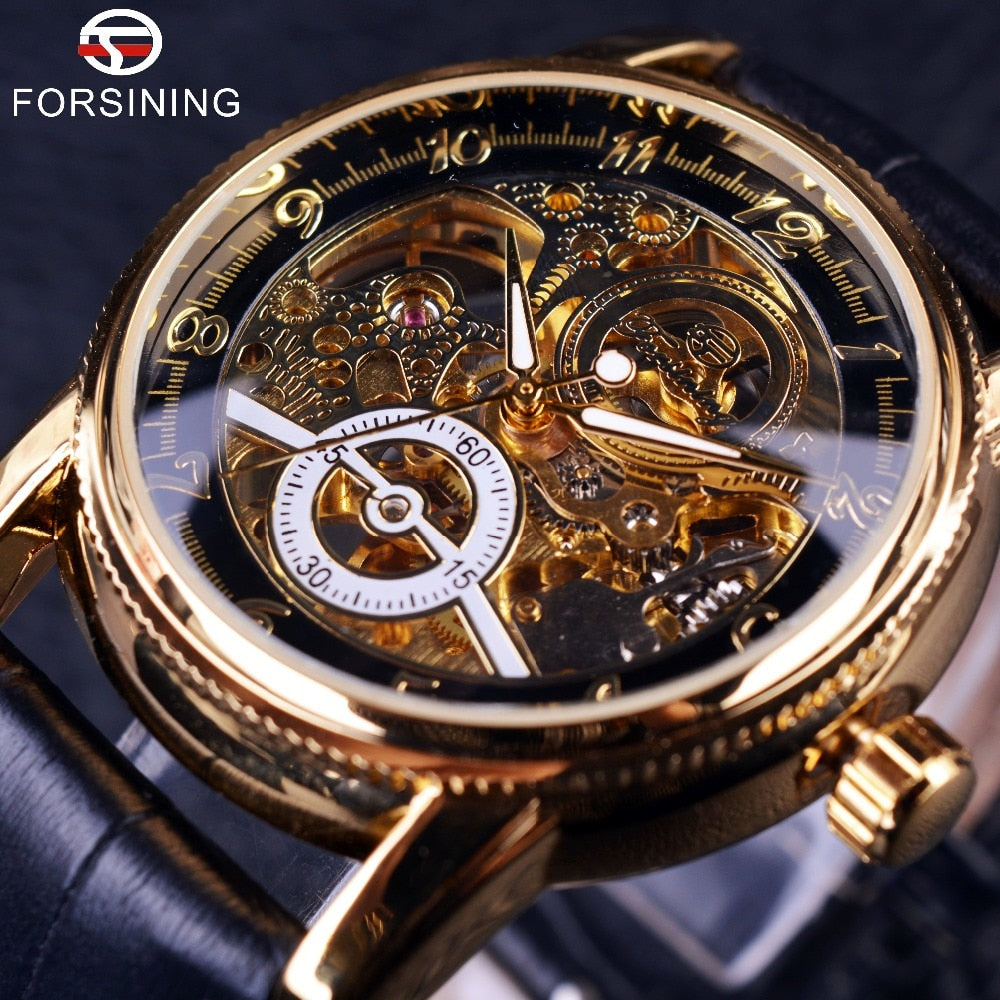 Forsining Hollow Engraving Skeleton Casual Designer Black Golden Case Gear Bezel Watches Men Luxury Brand Automatic Watches