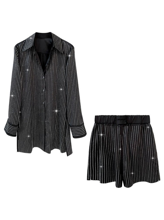 Fashion Women's 2 Pcs Set Hot Drill Hem Slit Long Sleeve Shirt Wide Leg Striped Shorts Suit Autumn