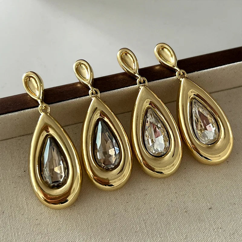 Long Water Drop Metal Dangle Post Earrings For Women Glass Stones New Fashion Jewelry Holiday Accessories