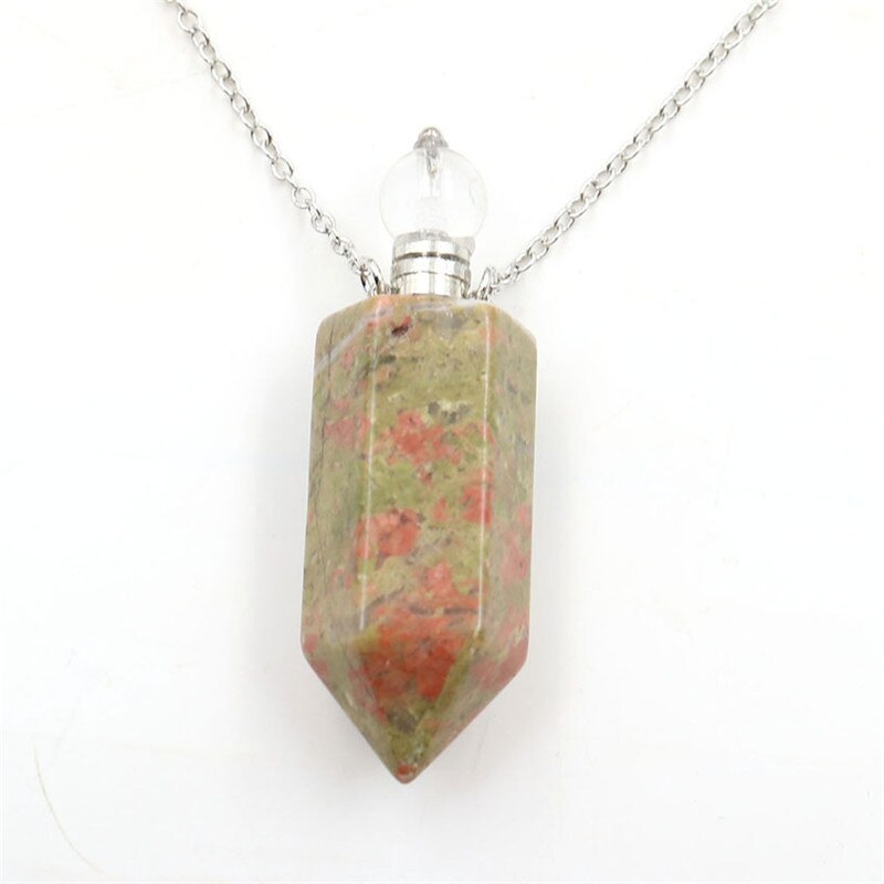 Natural Crystal Hexagonal Perfume Bottle Pendant Necklace  Fluorite Pendant Essential Oil Jar Chain Necklace