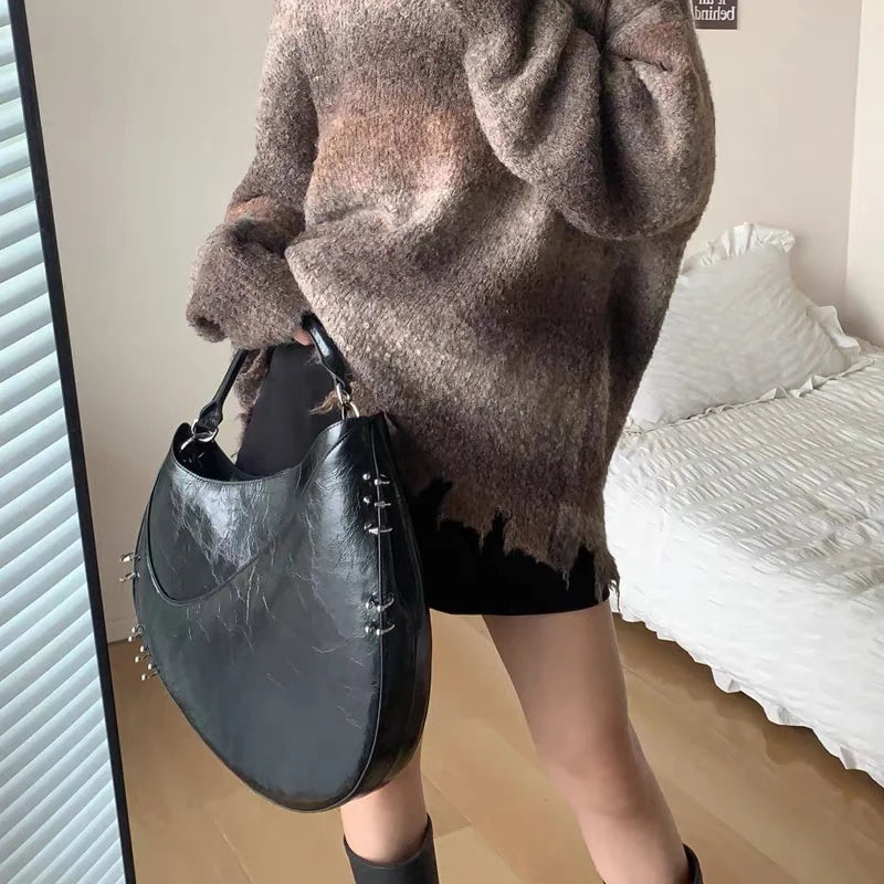 Vintage Half Moon Bags For Women Luxury Designer Handbag Purses  New In PU Oil Wax Leather Ring Large Capacity Slim Shoulder