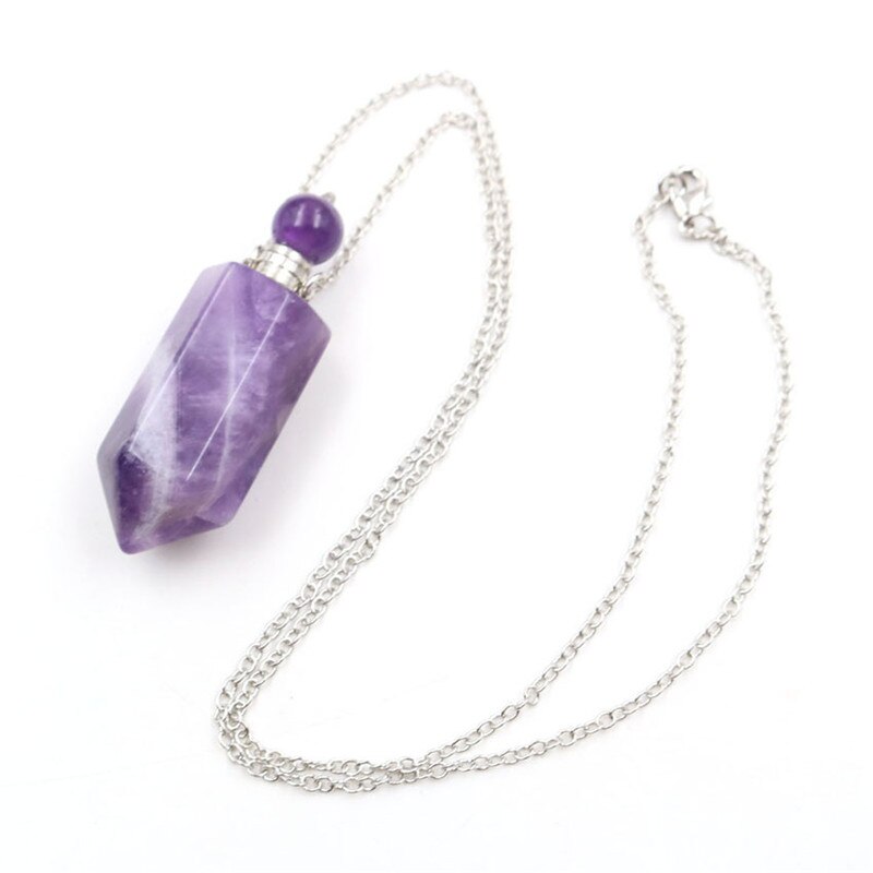 Natural Crystal Hexagonal Perfume Bottle Pendant Necklace  Fluorite Pendant Essential Oil Jar Chain Necklace