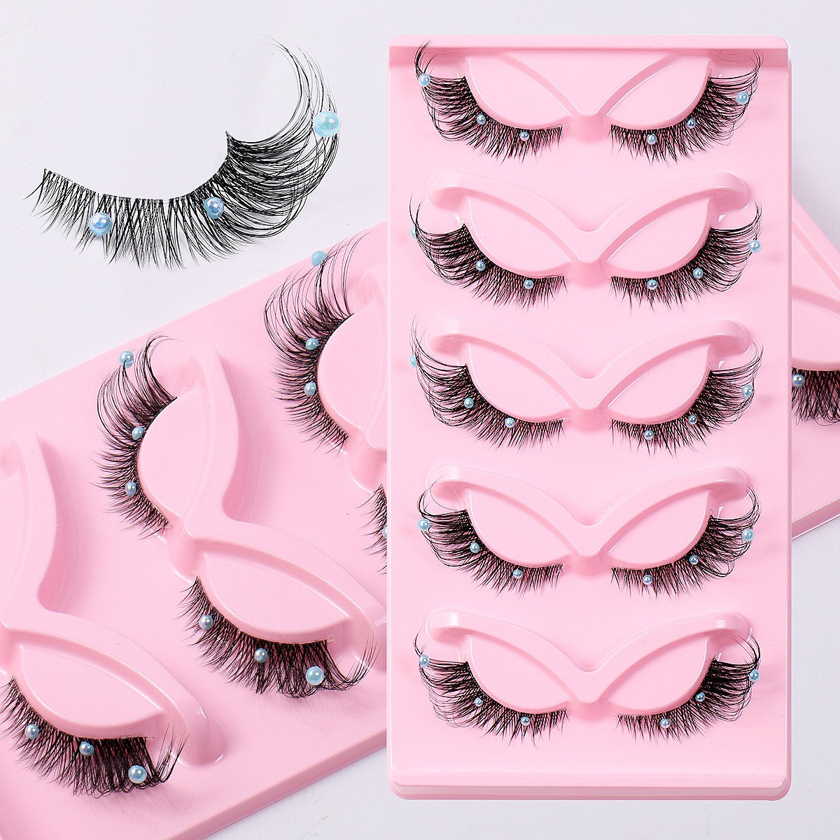 Clear Band Corner Foxy Winged Cat Eye 3D Strip Lashes Silk Party Full False Eyelash Vegan Faux Mink Eyelash With Diamond Pearl