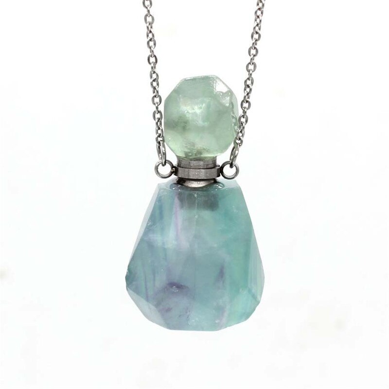 Natural Crystal Hexagonal Perfume Bottle Pendant Necklace  Fluorite Pendant Essential Oil Jar Chain Necklace