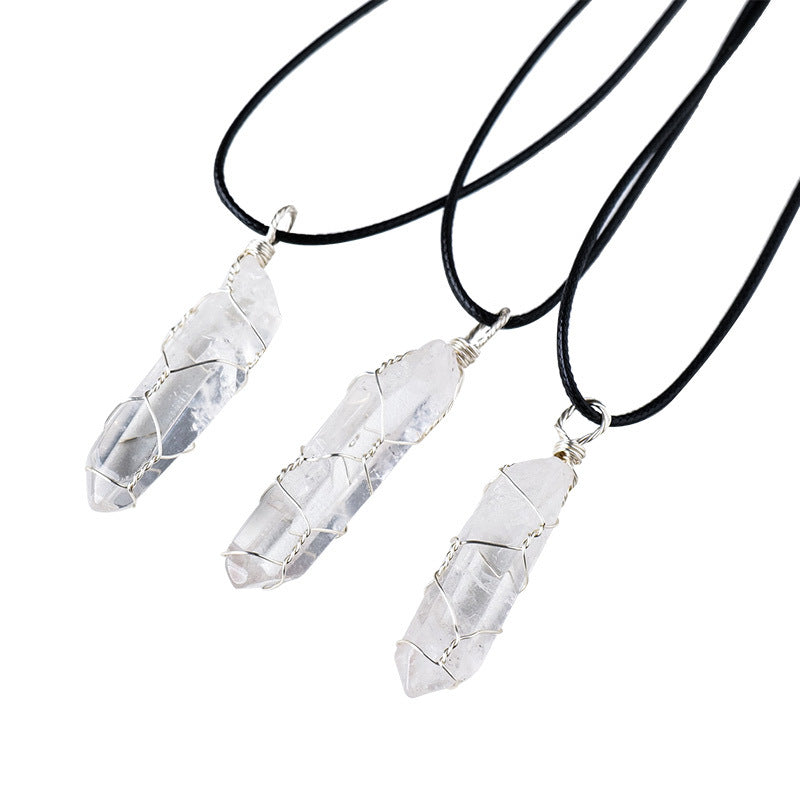 White crystal winding necklace, crystal raw stone, single crystal hexagonal pillar, winding pendant