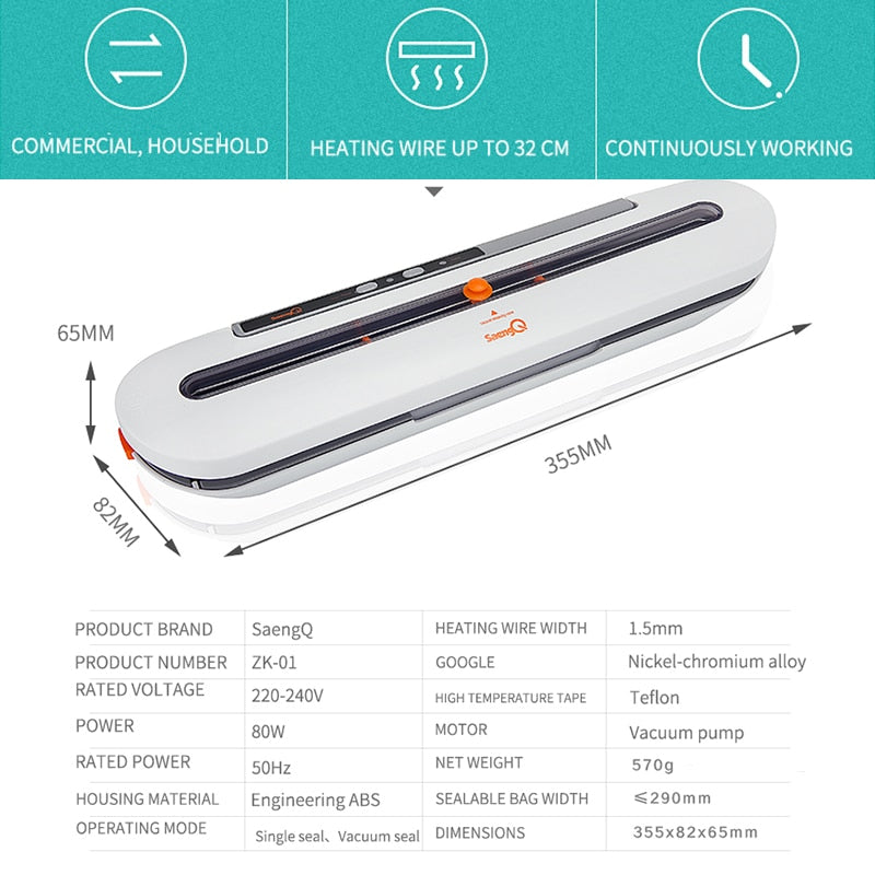 saengQ Best Vacuum Food Sealer 220V/110V Automatic Commercial Household Food Vacuum Sealer Packaging Machine Include 5Pcs Bags