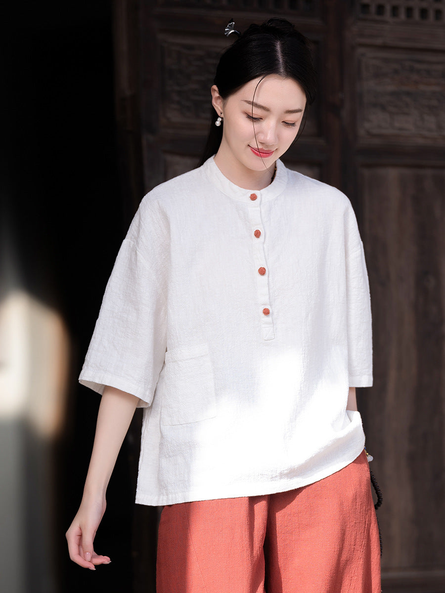 Cotton and linen women's stand up collar color blocked pan button pullover plus size top women's cotton and linen shirt