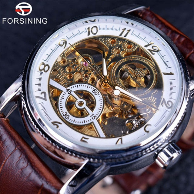 Forsining Hollow Engraving Skeleton Casual Designer Black Golden Case Gear Bezel Watches Men Luxury Brand Automatic Watches