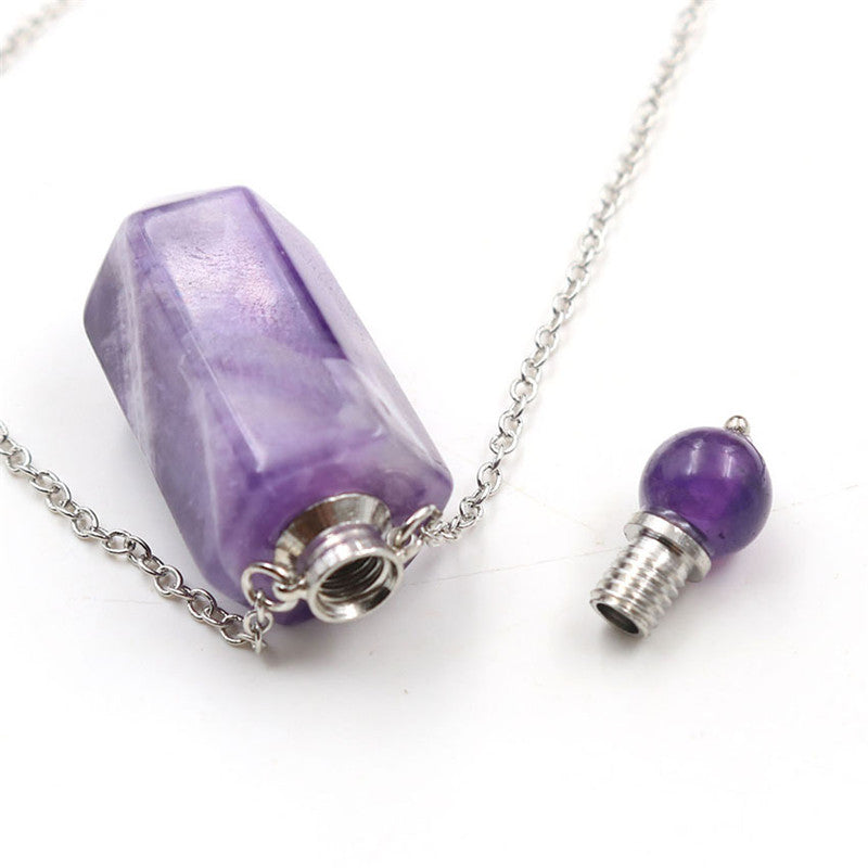 Natural Crystal Hexagonal Perfume Bottle Pendant Necklace  Fluorite Pendant Essential Oil Jar Chain Necklace