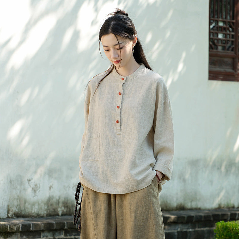 Cotton and linen women's stand up collar color blocked pan button pullover plus size top women's cotton and linen shirt